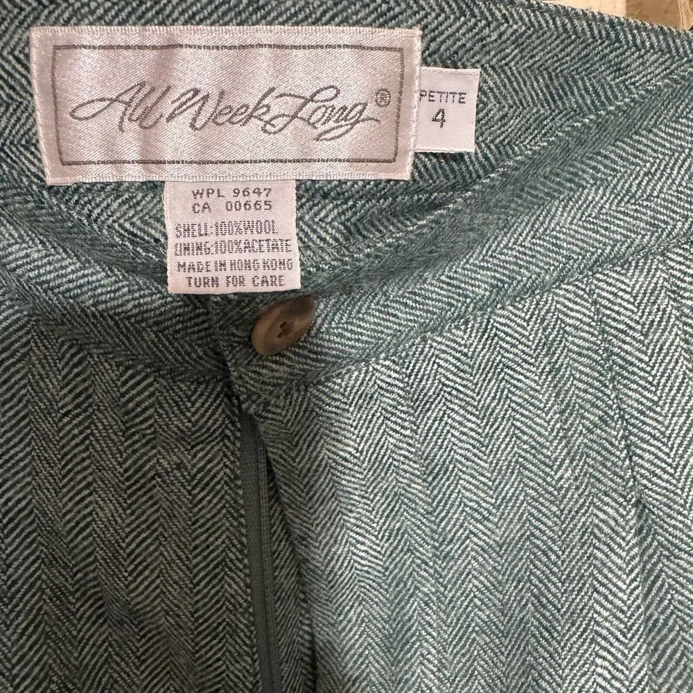 VIntage All Week Long Wool Dress Pants Womens 4P green herringbone pleated‎